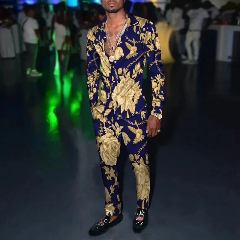 Fashion Flower Gradient 3D printed mens Harajuku clothing set Tracksuit long sleeved shirt long pants two-piece clothing set 240827