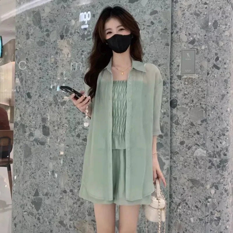 Women Summer Simplicity Office Lady Temperament Solid Color 3/4 Sleeve Shirts Women Clothes Casual All-match Sling Shorts Suit 240820