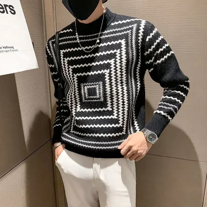 Man Clothes Graphic Knitted Sweaters for Men Pullovers Striped Half Collar Turtleneck White Korean Fashion Order Classic X 240821
