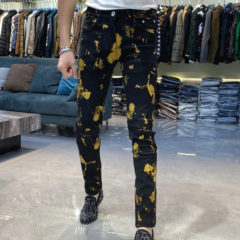 Black Gold Contrast Personalized Graffiti Jeans Slim Elastic Jean Fashion Hip Hop Jean Men Punk Motorcycle Pants Jean Homme 240821