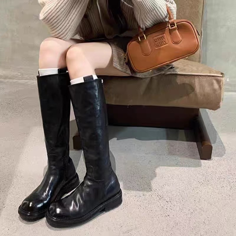 Ddmysports Recommended By Su Yinyin The Same Style Of Two Hands Washed Cowhide Pleated Back Zippered Thick Soled Mid Height Long Boots For Women S Kni