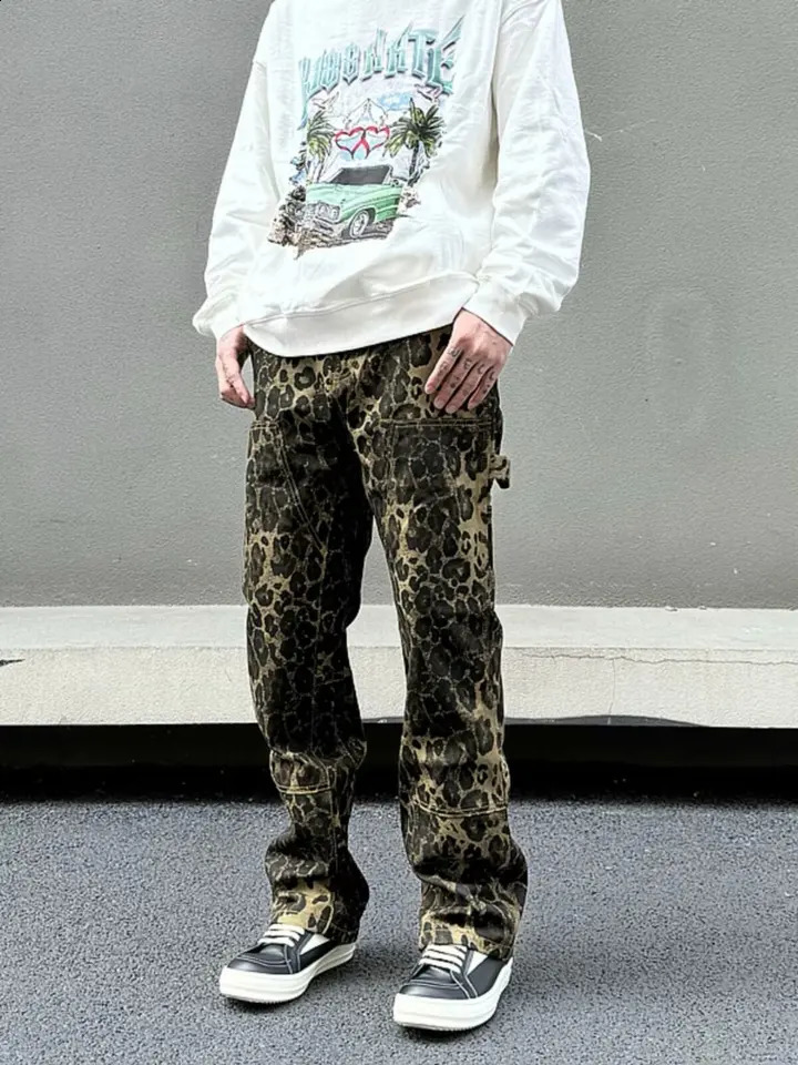 Baggy Leopard Print Y2k Jeans Man Casual Wide Leg Denim Pants Fashion Streetwear Retro Straight Jeans korean fashion 240821