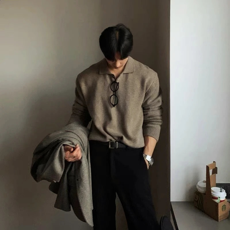 100% acrylic Korean fashion mens polo collar sweater loose casual button with floral n niche Harajuku knitted 240821