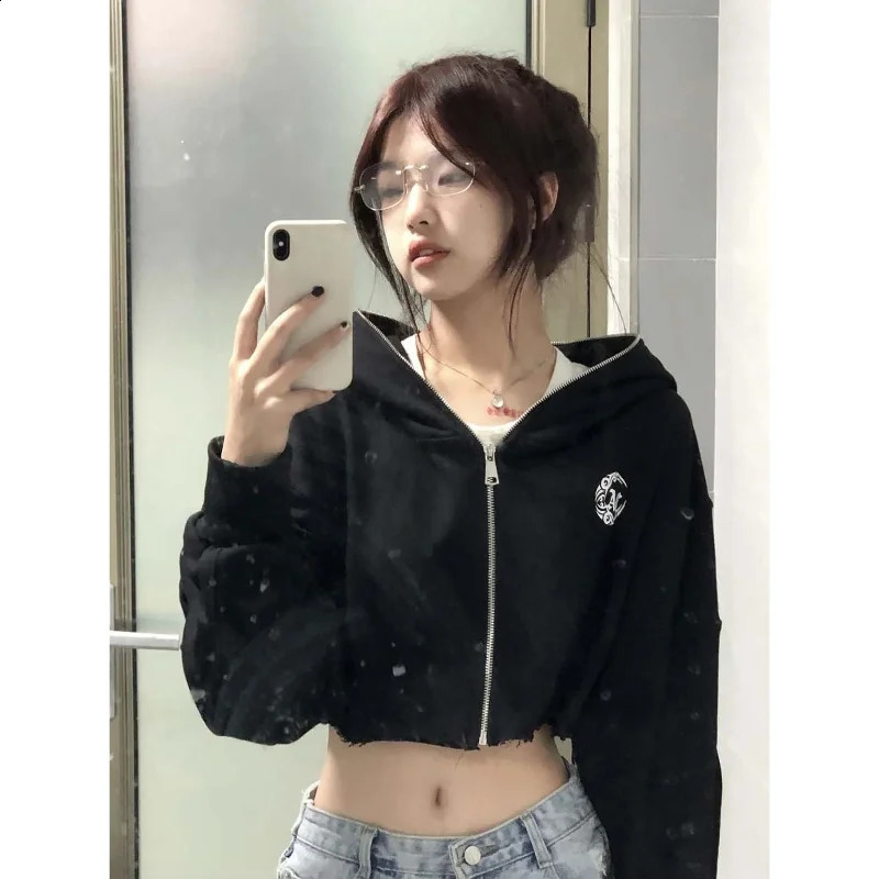 Zipup Hooded Coats Black High Waist Sudadera Short Sweatshirt Y2k Crop Tops Casual Women Zipper American Vintage Streetwear 240821