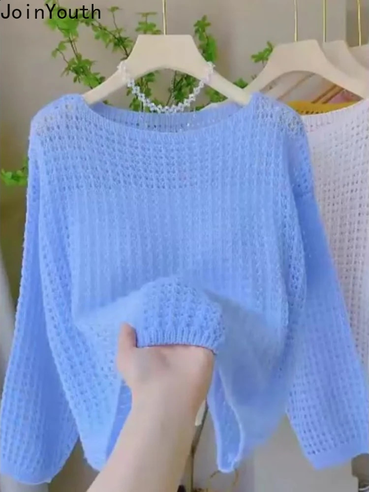 Fashion Tops Womens Handle Long Sleeve OCollar Jumper Thin Hollow Knitted Cutting Sweater Suede Printing Machine 240821