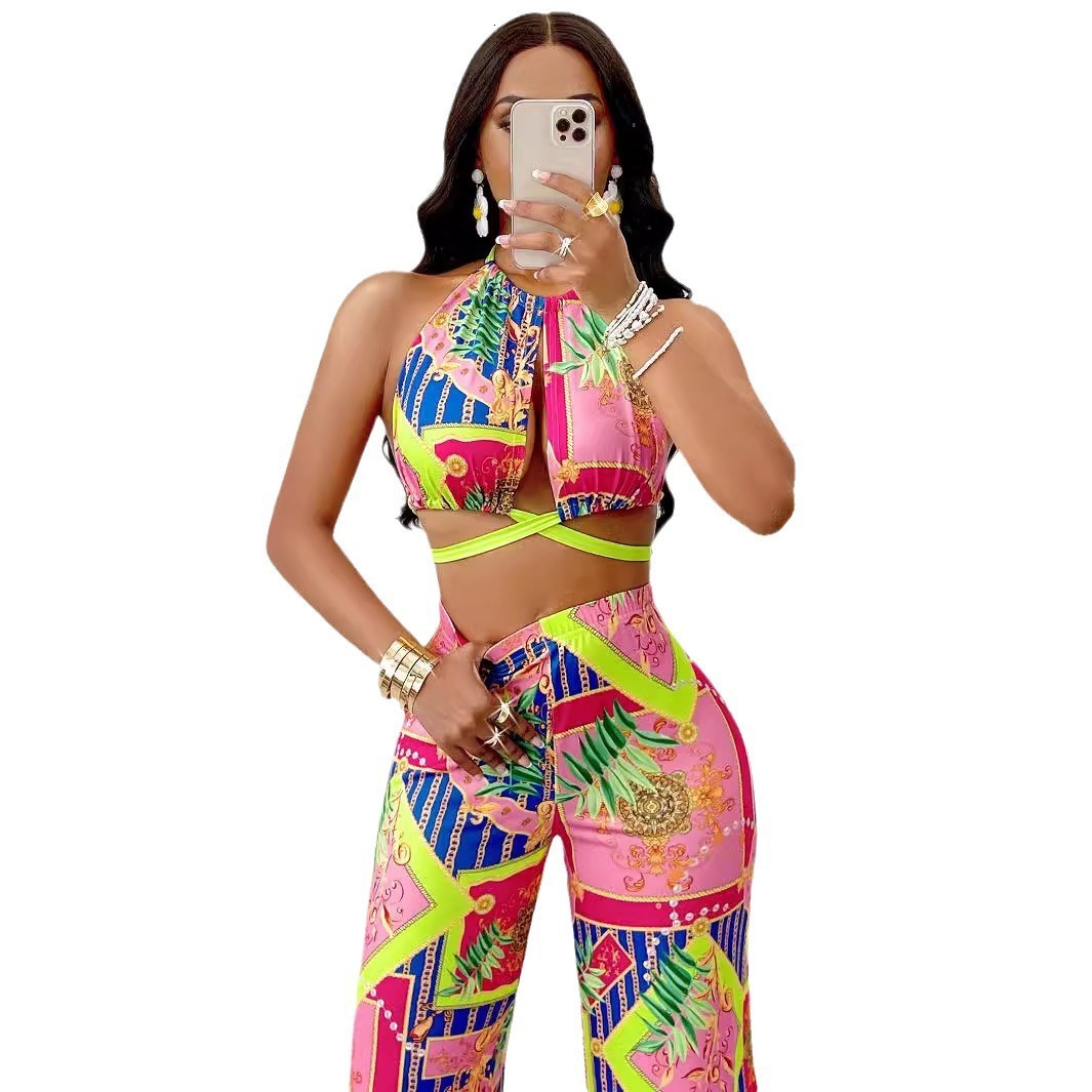 Spring Womens Printed Set Fashion Casual Wear Beauty Prints Shirt Pants Set Beach On The Vacation