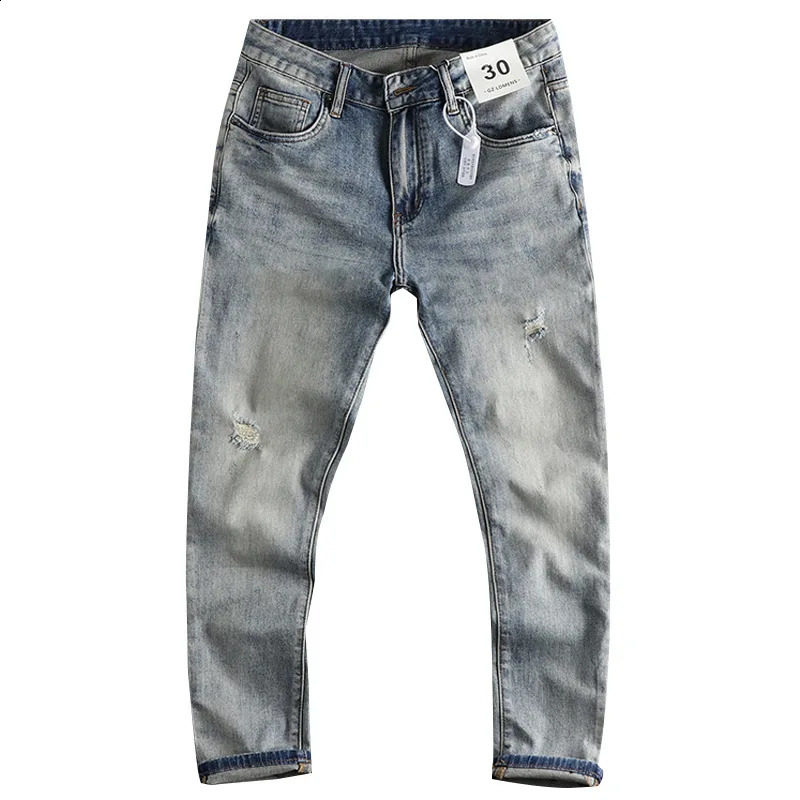Retro Worn Looking Washed-out Ripped Jeans Mens Fashion Wear Pencil Pants Stretch Comfortable Cropped Pants 240821