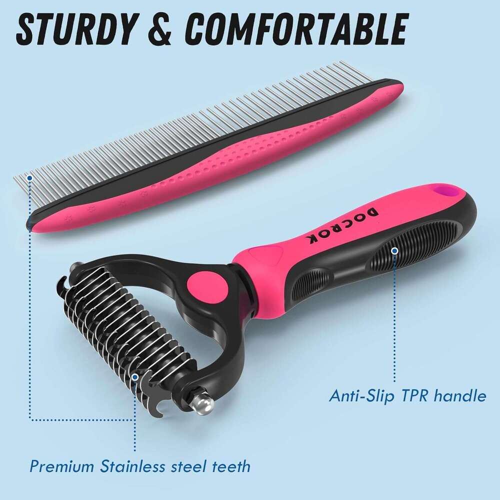Docrok Pet Grooming and Metal Comb Combo, Cat Dog Shedding, Undercoat Rake Grooming, Dematting Deshedding Brush Dogs Shedding Tool for Long matted Hai