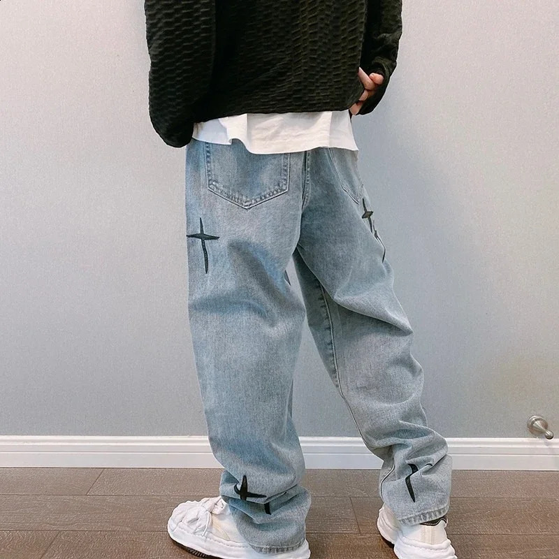 Mens Prints Jeans Streetwear Baggy Drapes Straight Cargo Pants Korean Fashion Casual Denim Trousers Male Clothes 240821