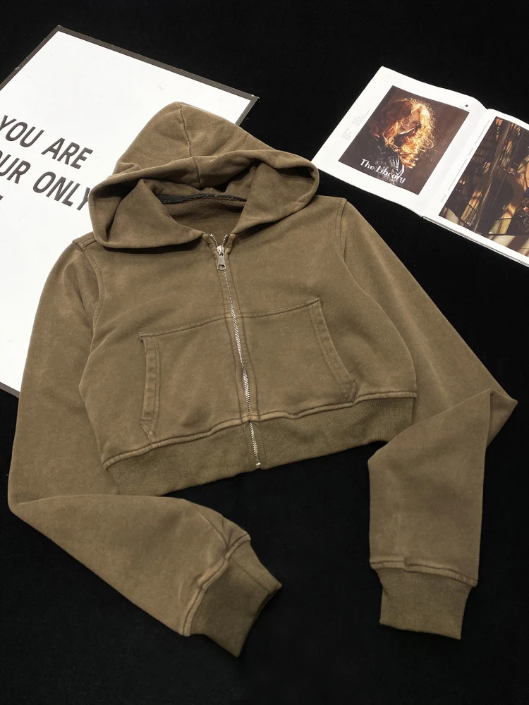 Cotton Terry Black Brown Zip Up Cropped Hoodies Hoode Sweatshirt Coat Jackets Clean Fit Outwear Korean Kpop Top Women 240820