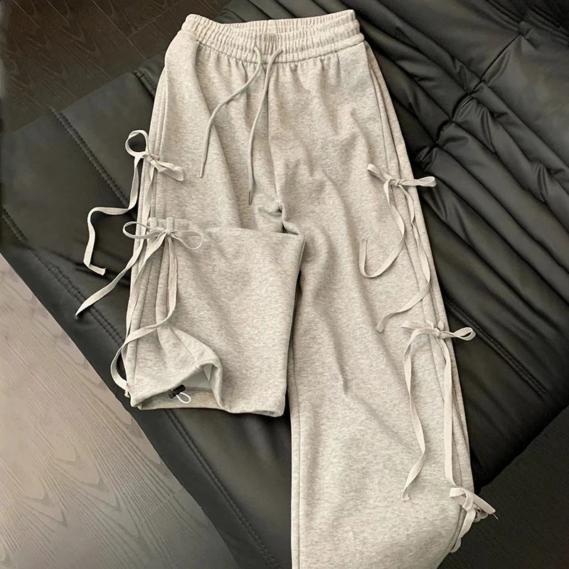 Retro Wide Leg Pants Woman Casual Lace Up Bow High Waist Loose Lounge Elastic Y2k Outfits 240821