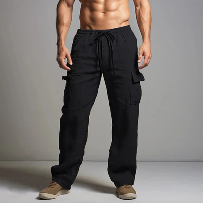 Classic retro straight linen mens casual solid color loose pants spring daily comfortable 240821