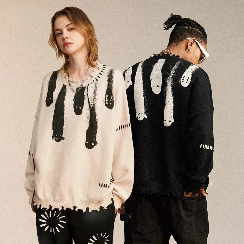 Streetwear Knitted Sweaters Men Hip Hop Y2K Grunge Ripped Ghost Print Gothic Jumpers Autumn Oversize Pullover Harajuku Sweater 240821