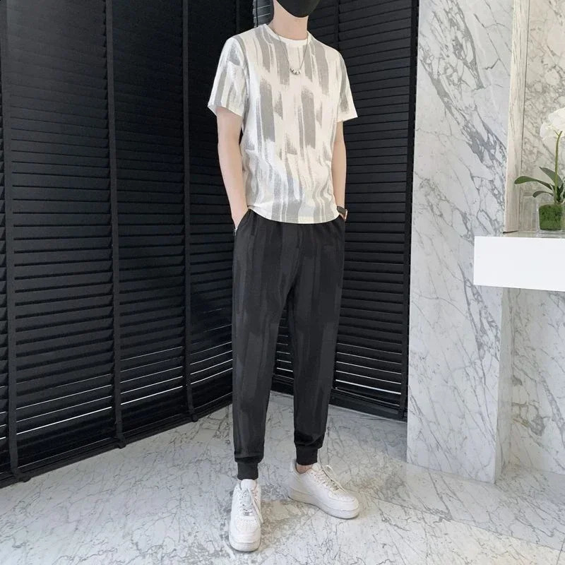 Tracksuit T-shirts Pants Suits for Men Black No Smooth Sweatsuit Man Trousers Sets Sweatshirts Baggy Slacks Loose Elastic 240821