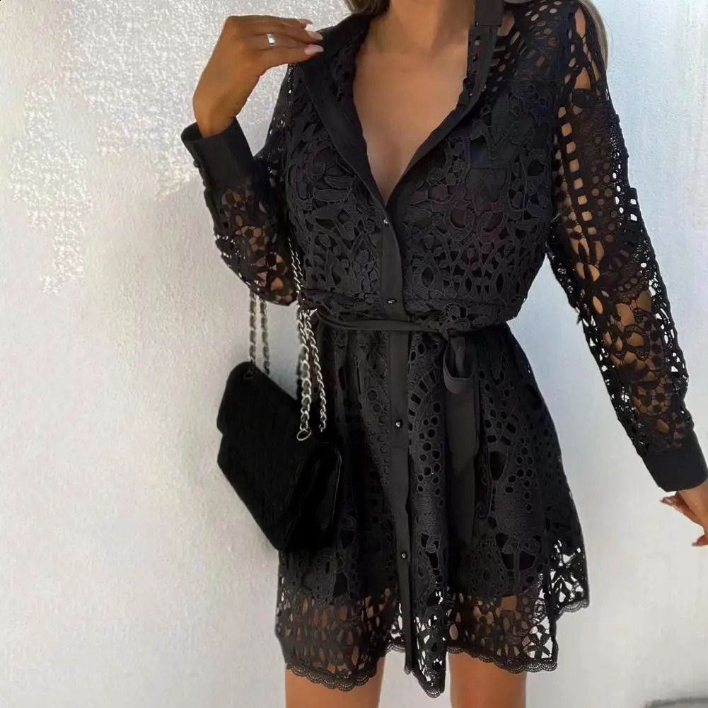 Shirt Dress Elegant Hollow Out Lace Dress Women Spring Turn-down Collar Button Shirt Dress Summer Lace-up Belted Party Dress 240821