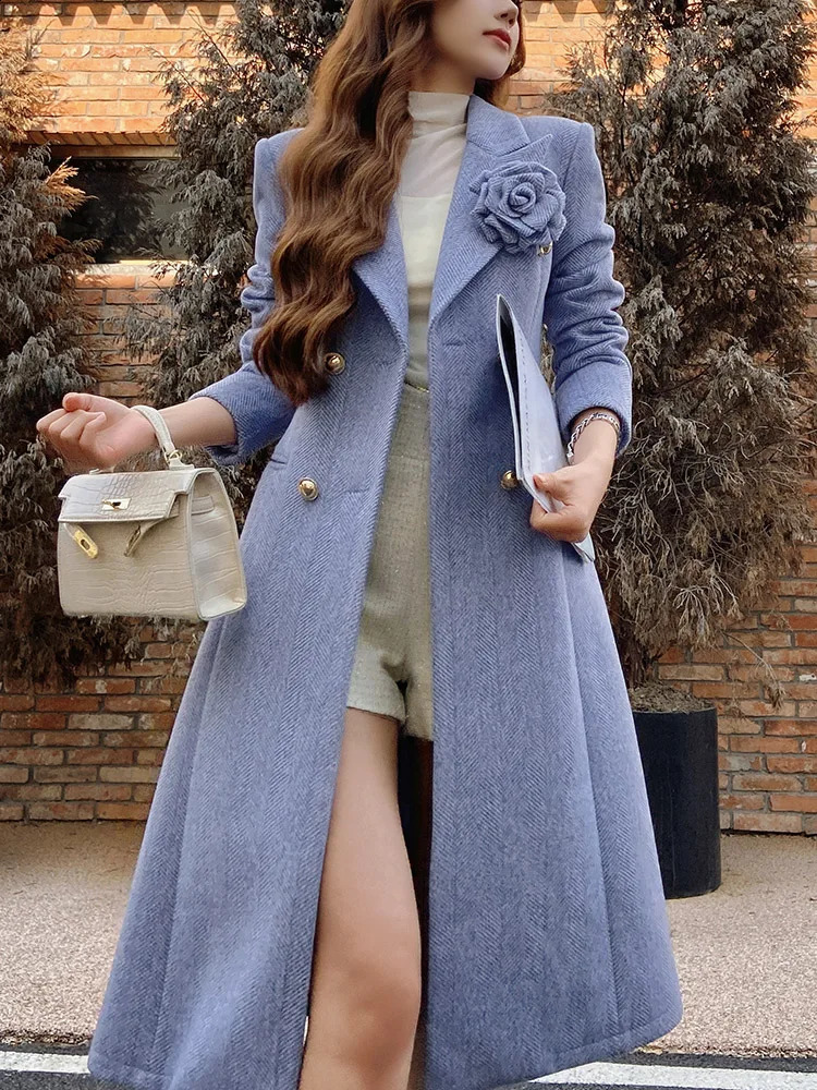 Dabuwawa Appliques Double Sided Woolen Long Coat Women Arrival Double Breasted Waist Jacket Outwear Christmas DM1DCO011 240820