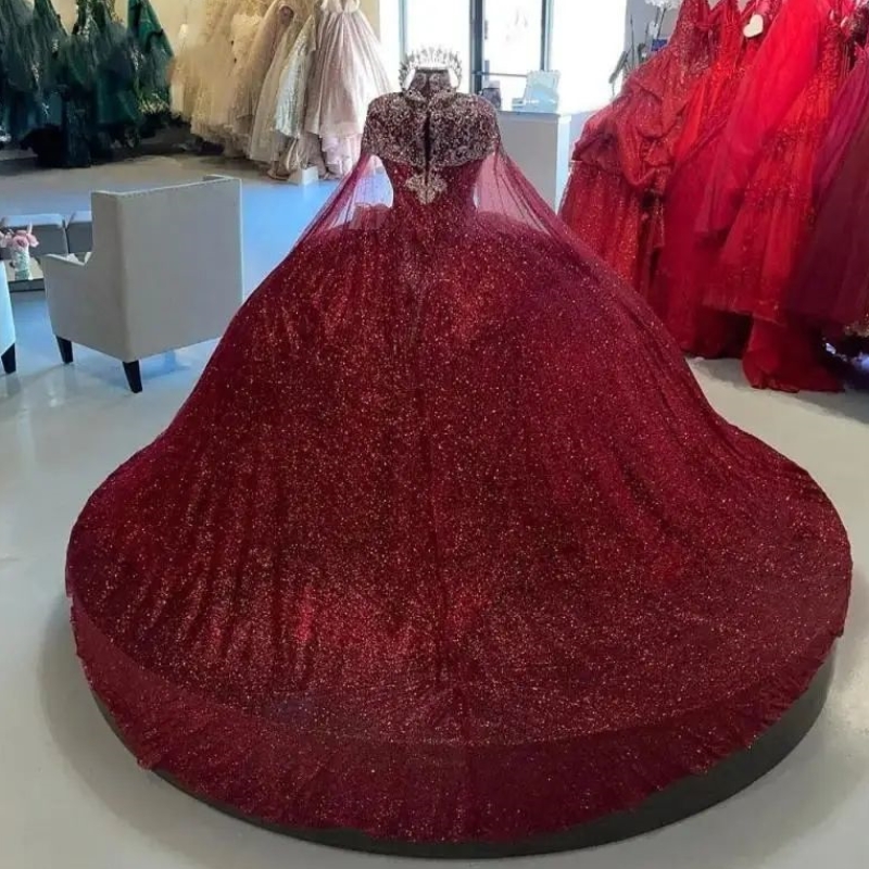 Burgundy Shiny Quinceanera Dress 2025 With Cape Ball Gown Sequin Lace Appliques Beads Mexican Sweet 16 Vestido De 15 anos