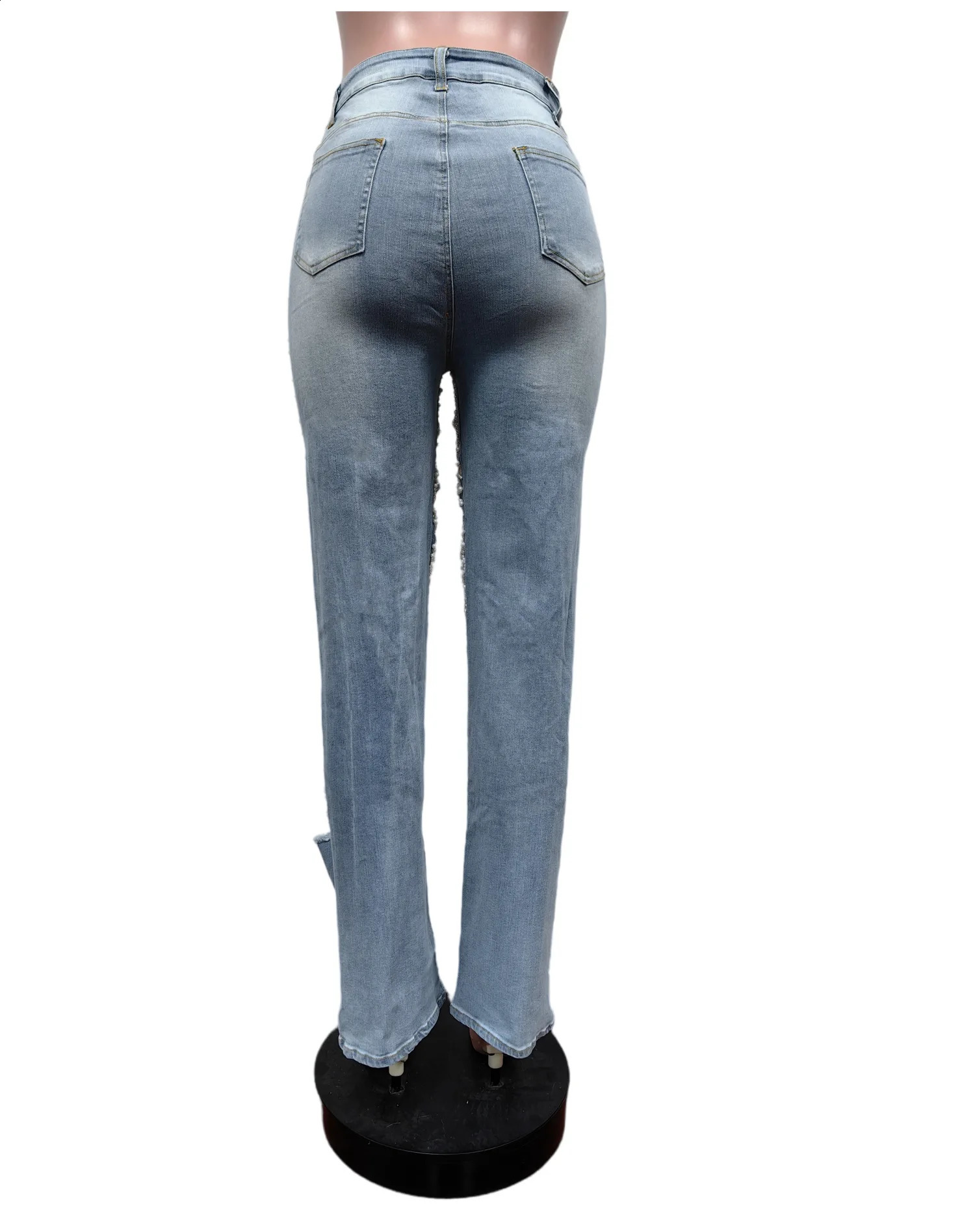 stretch fashion ripped pearl chain decorated jeans 240821