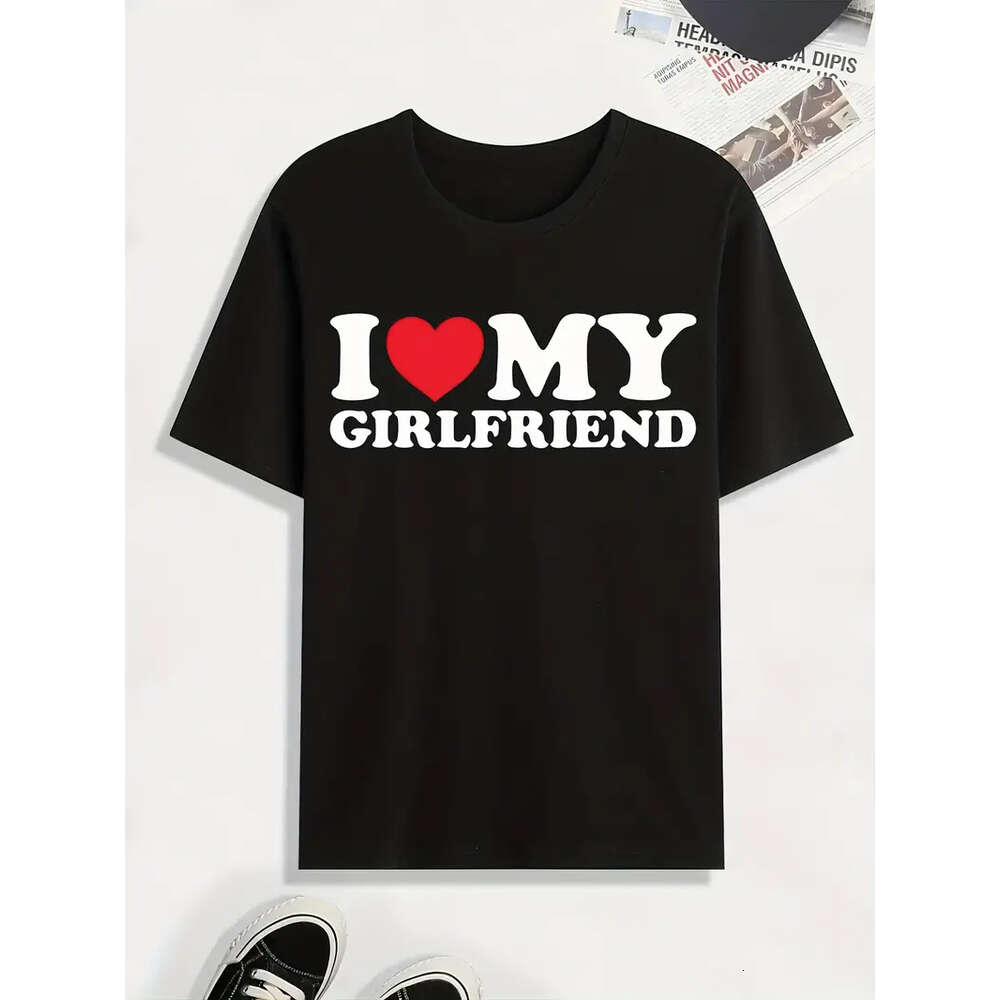 Love 'I My Girlfriend' Print T Shirt, Tees Men, Casual Short Sleeve Tshirt For Summer Spring Fall, Tops As Gifts ees shirt ops