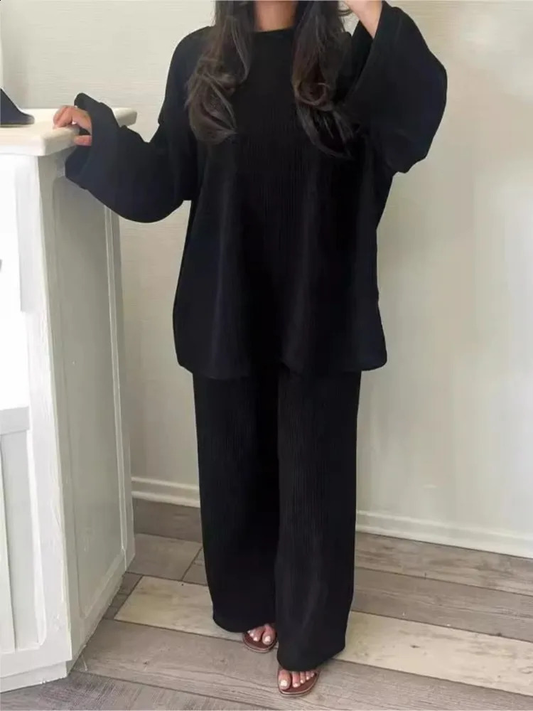 Autumn Winter Solid Color Corduroy Pants Sets Women Loose Long Sleeve Wide Legs Trousers Two Piece Set Female Commuting Clothing 240820