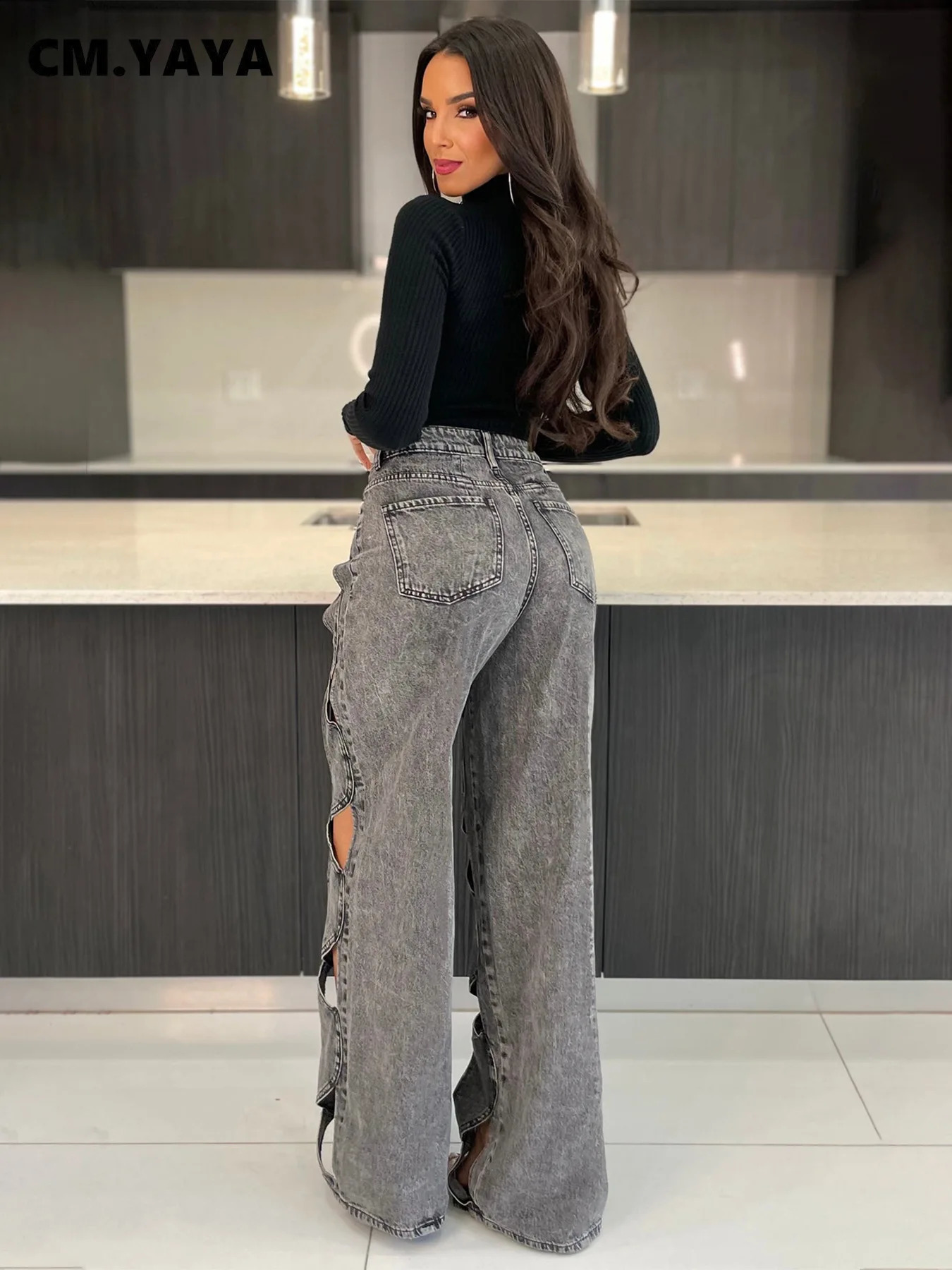 CM.YAYA Women Vintage Cutout Hollow Out Criss Cross Straight Denim Pants 2024 Fashion INS High Waist Wide Leg Jeans Trousers 240815