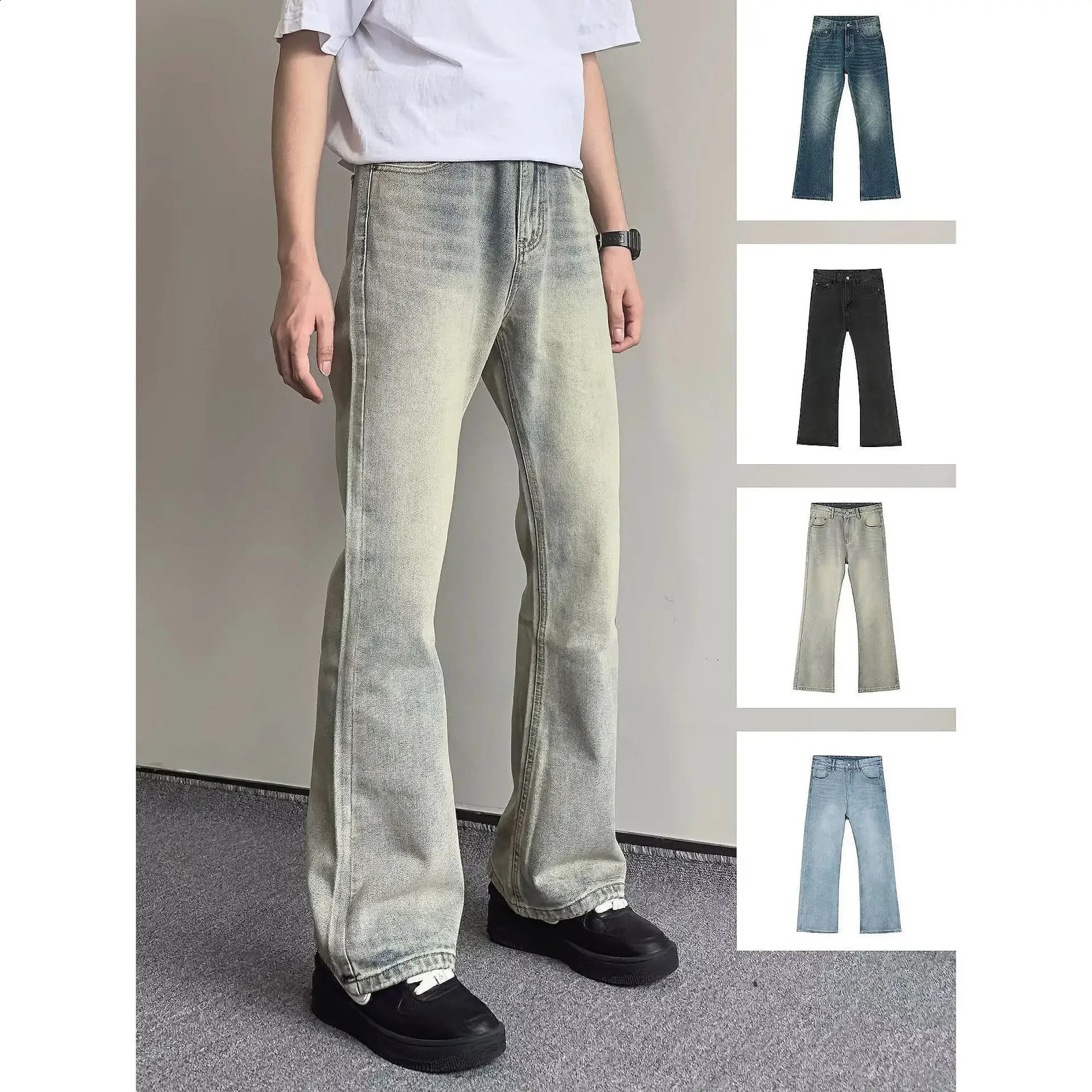 Vintage American Style Versatile Micro-flared Jeans Casual Distressed Zippered Trousers Trendy Streetwear For Men Women 240821