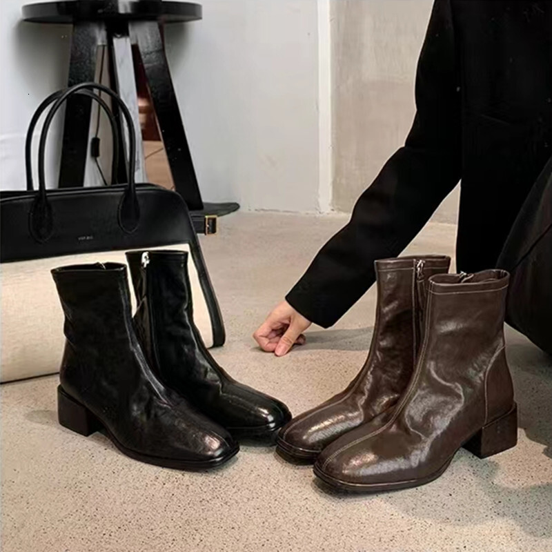 Ddmysports Grape Mom S Same Korean Square Eaded Washed Orse Skin Slim Short Boots With Eels And Thick Soles Small Ankle Women Autumn New Style OUTDOOR
