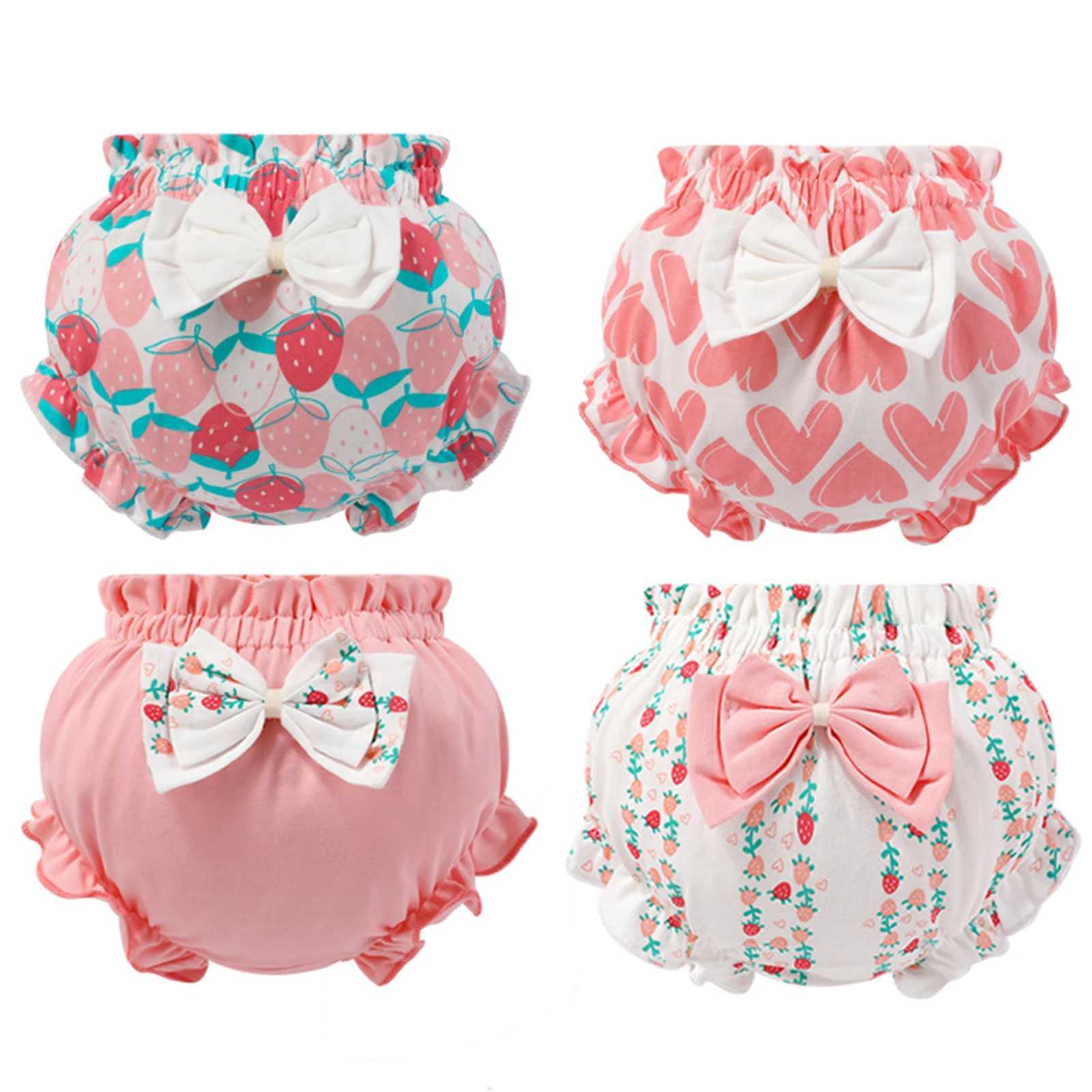 4Pcs Adorable Baby Girls Cotton Bloomers Assorted Cute Print Ruffle Bow Diaper Cover Girl Summer Breathable Underwear Panties Y240821