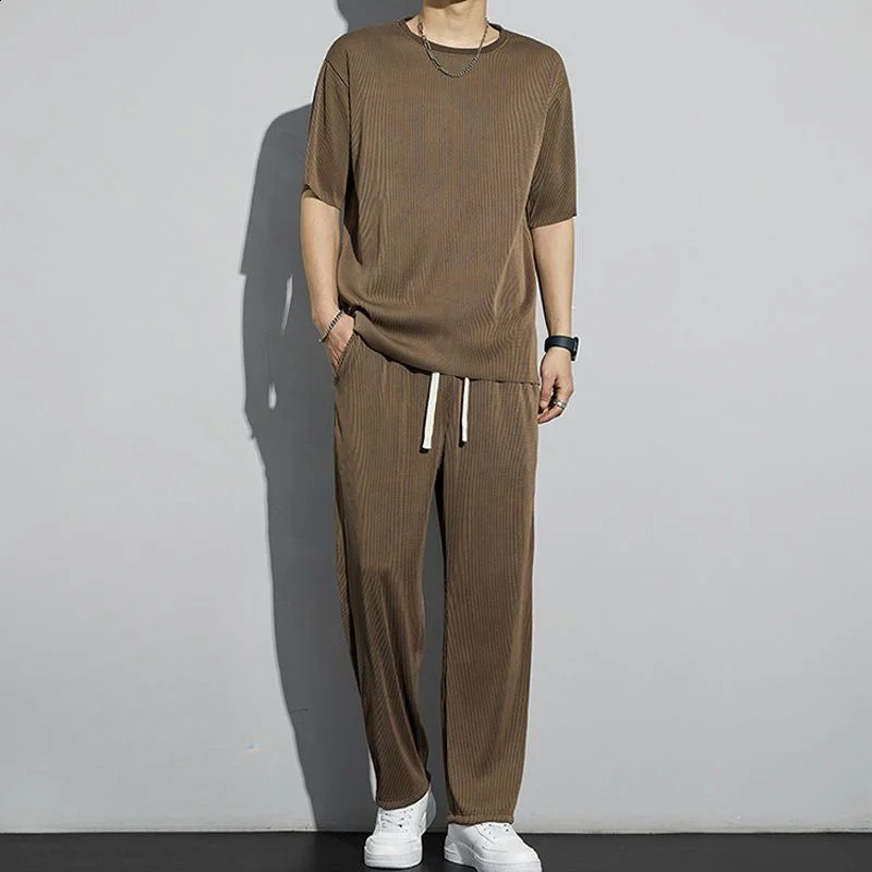 Summer Ice Silk Short-sleeved T-shirts Trousers Suit Mens Loose Large Size Two Piece Long Pants Shirts Suit Male Sports Suits 240821