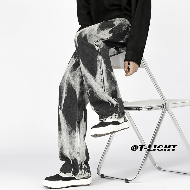 Y2k Style Mens Tie Dye Jeans Autumn Streetwear Hip Hop Loose Straight Wide Leg Pants Plus Size Baggy Denim Trousers 4XL 5XL 240821
