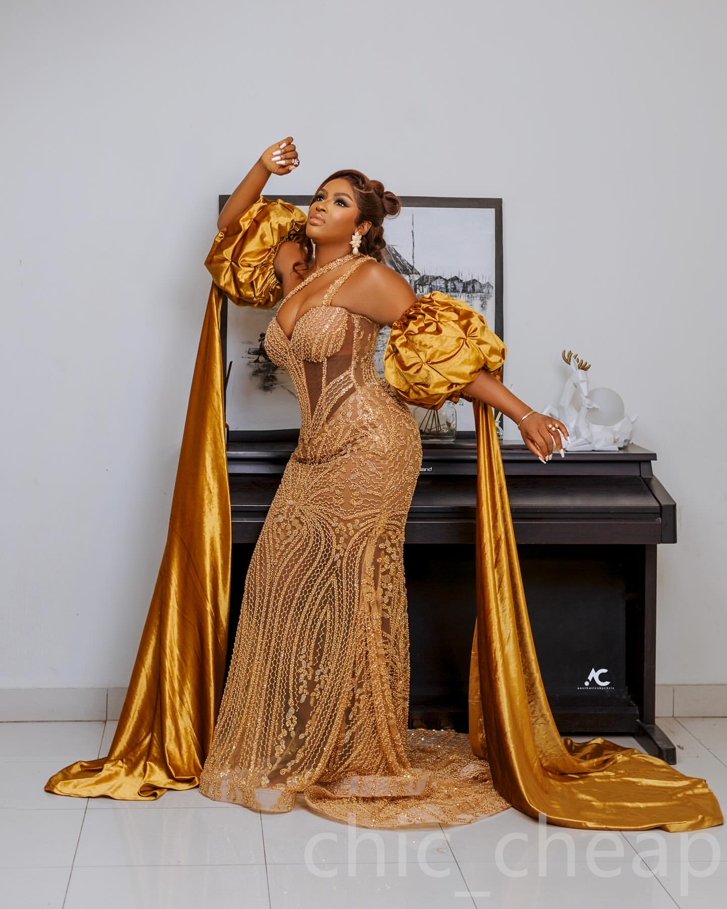 Gold Sequin Mermaid Aso Ebi Prom Dress 2025 | Illusion Lace Halter Evening Gown