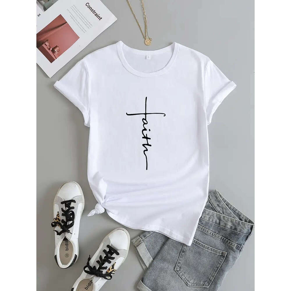 Cross Faith T-shirt Religion Print Women Aesthetic Clothes Devout Believer Tops Basic White Short Sleeve Summer Tee Shirt