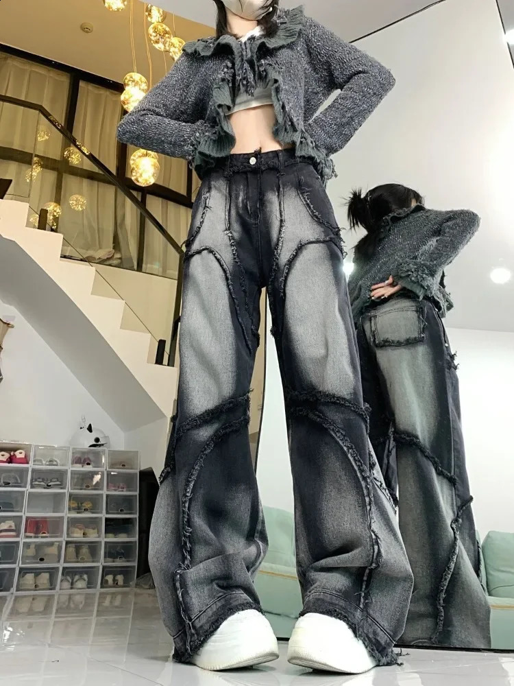 HOUZHOU Y2K Wide Leg Jeans Women Hip Hop Style Fashion Vintage Streetwear Black High Waist Jean Female Trouser Baggy Denim Pants 240821