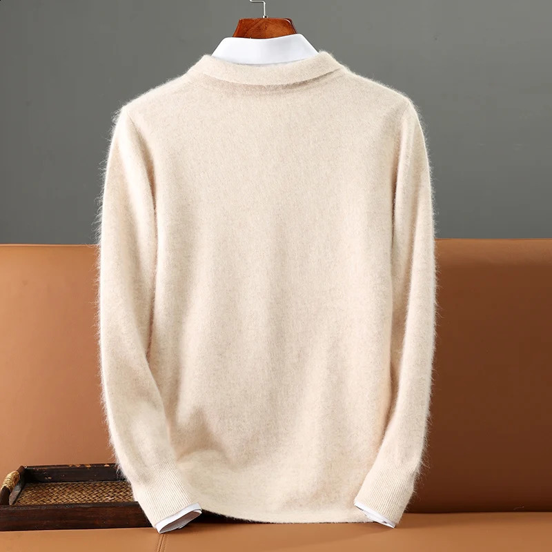 Autumn and Winter Mens 100% Mink Cashmere Thick Sweater Knitted POLO Collar Jacket Casual Business Long Sleeved Cardigan 240821