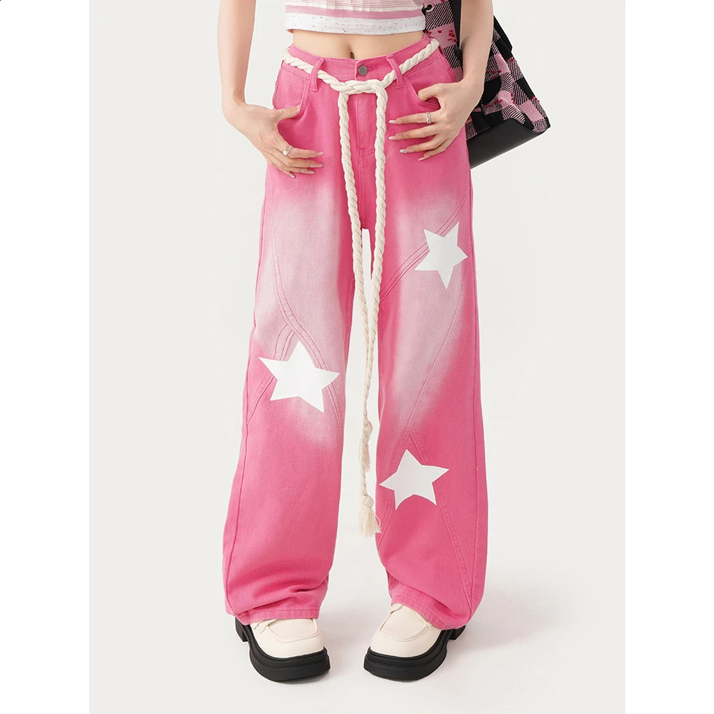 Womens Blue Pink Jeans Baggy High Waist Fashion Straight Denim Trouser Harajuku Vintage Streetwear Y2k Wide Star Jeans Pants 240821