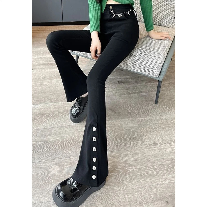 Women Korean Fashion Retro Chain Buttons Harajuku Black Flare Pants Y2K Female Skinny Stretchy Trousers Autumn Winter Pantalones 240820