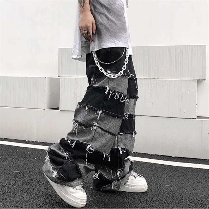 Tassel Jeans Mens Patchwork Wide Leg Lazy Style Hip Hop Loose Denim Pants Men Baggy Ripped Distressed Stacked Jeans Grunge 240821