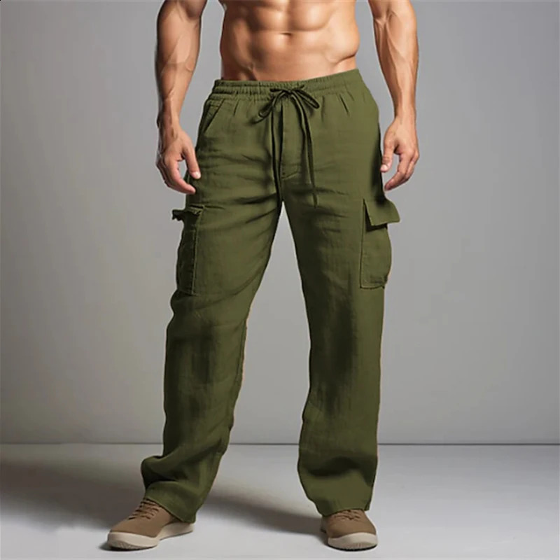 Classic retro straight linen mens casual solid color loose pants spring daily comfortable 240821