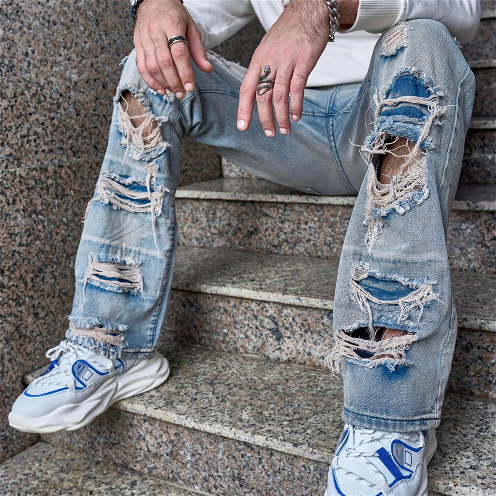 Tassel Mens Jeans Fashion Holes Ripped Spring Streetwear Thin Slim Fit Straight Denim Casual Pant Stretchy Male Jean 240821