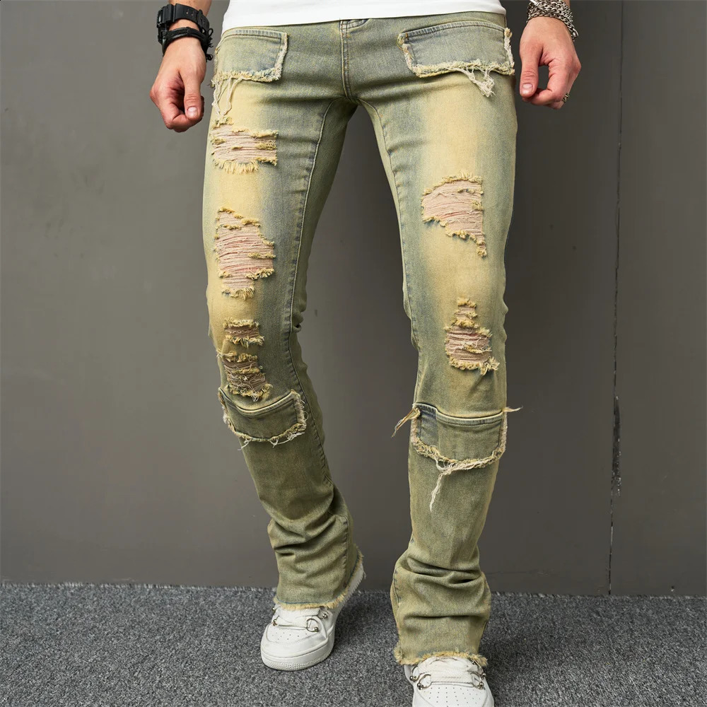 Vintage Style Men Streetwear Holes Spliced Slim Jeans Trousers Hip hop Stylish Distressed Stretch Denim Pants For Male 240821
