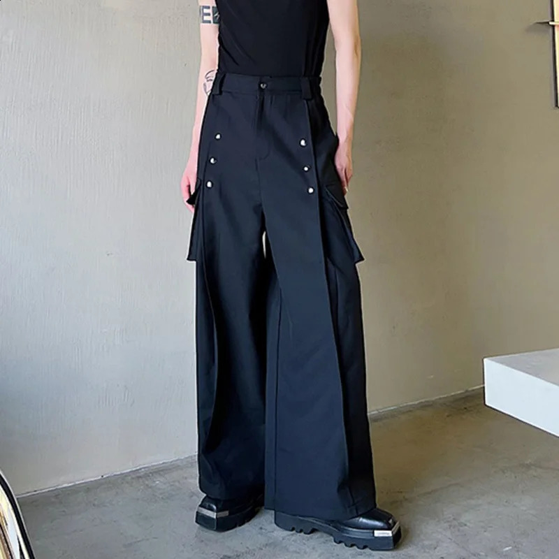 IEFB Mens Casual Wide Leg Trousers Korean Style High Waist Metal Piece Pocket Decoration Fashionable Pants 9A2104 240820