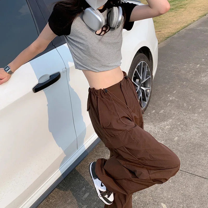 Y2K Brown Drawstring Cargo Pants Women Vintage Hip Hop Streetwear Baggy Pocket Wide Leg Trousers Summer Casual Straight 240821