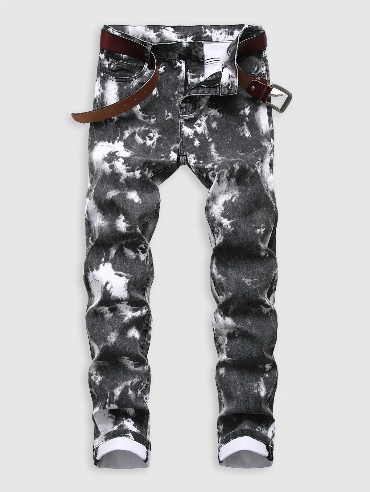 Tie-dye Pattern Cuffed Stretch Jeans 240821