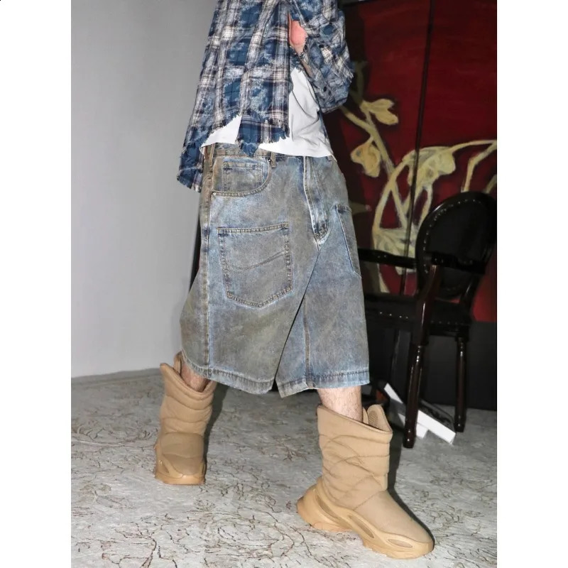 American Rust Washed Pocket Workwear Casual Denim Shorts Men High Street Retro Distressed Loose Fashion Straight Jeans 240820