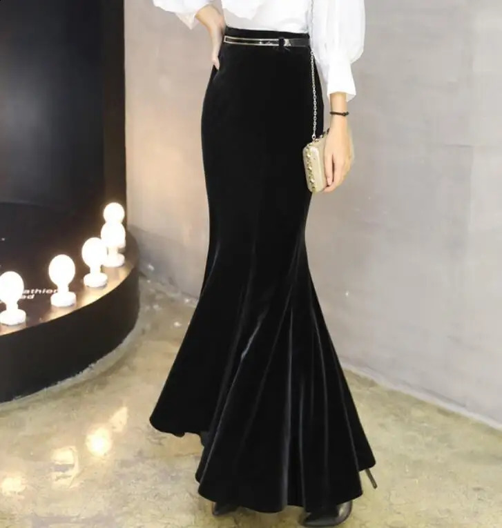 Autumn Vintage Velvet Black Long Mermaid Skirt Fashion Women Elegant Velour Skirts With Belt DQ1279 240820