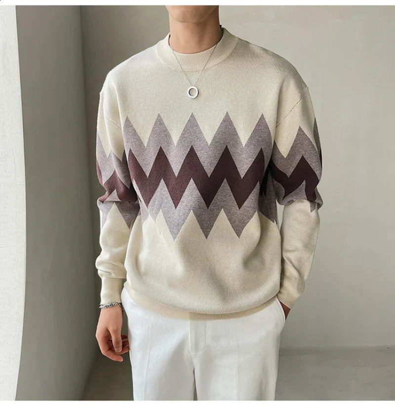 British Style Fashion Color Contrast Print Sweater Men Pullover Sweater Pull Homme Autumn Sweater For Men Knitted O-Neck Sweater 240821