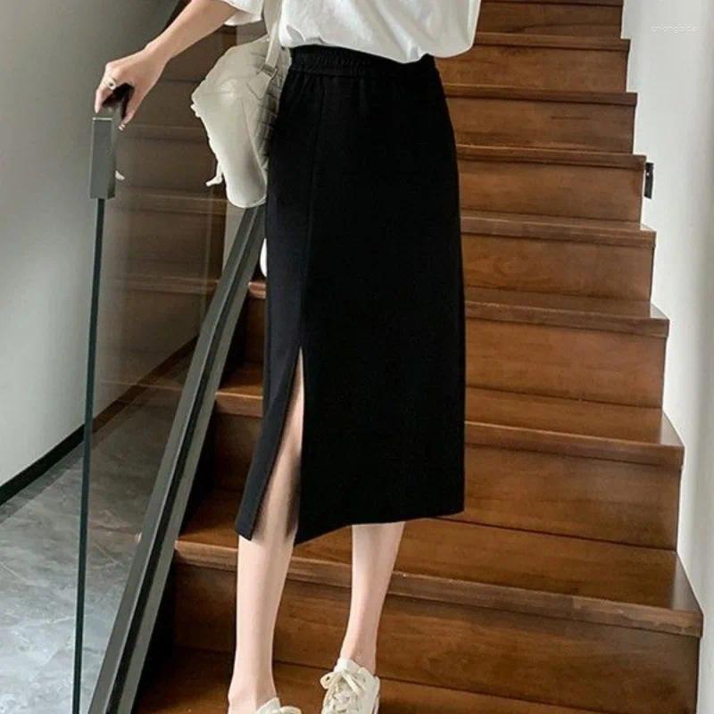 Skirts Spring Summer Womens Clothing Elastic High Waisted Solid Color Vacation Elegant Straight Short Knee Preppy Style Vintage