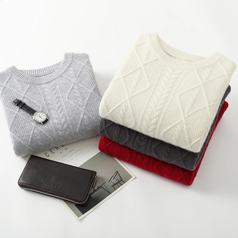 Autumn And Winter 100% Cashmere Sweater Mens Round Neck Thick Pullover Sweater Business Casual Solid Color Twisted Sweater. 240821