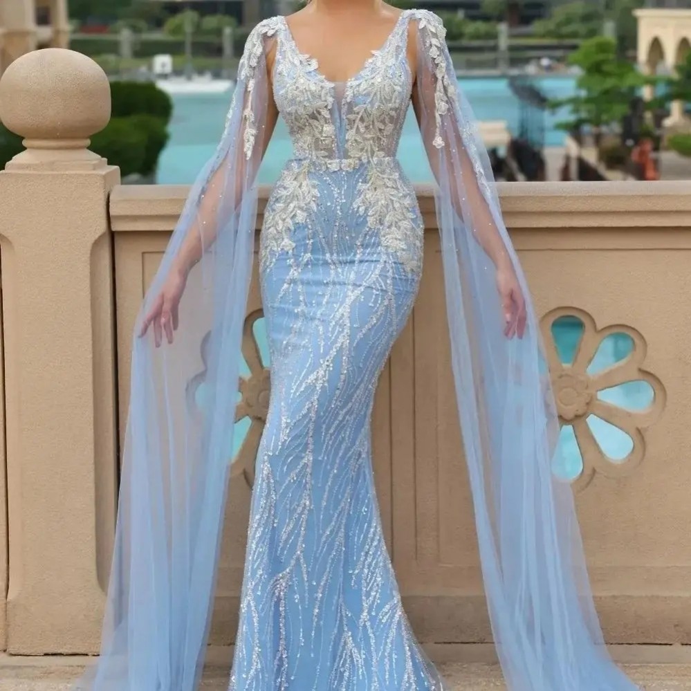 Evening Mermaid Birthday Dress Cap Sleeves V Neck Beads Lace Sequins Long Prom Pageant Gowns Robe De Soiree Customed