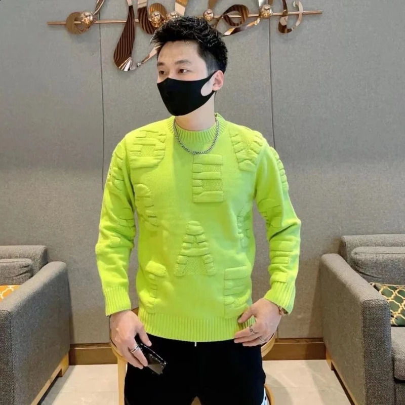 Mens Clothing Letter Crewneck Knit Sweater Male Round Collar Green Pullovers Korean Fashion Sheap Jumpers Loose Fit Sweat-shirt 240821